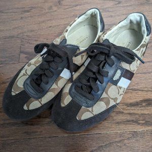 Coach Women Size 6m Kelson Brown Beige Signature Canvas Suede Shoes Sneakers